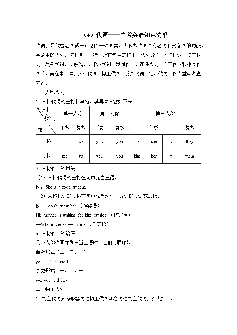 中考英语二轮复习知识点清单（4）代词第1页