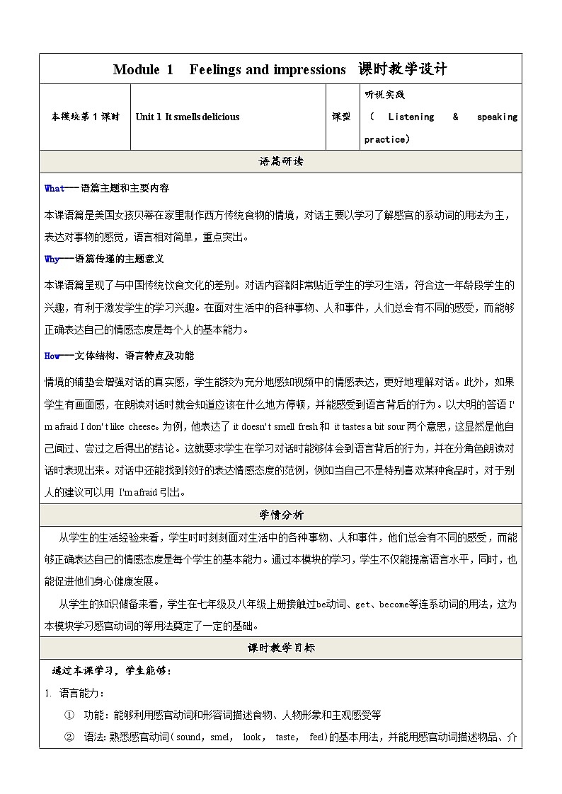 外研版英语八年级下册 Module 1 Unit 1《It smells delicious》课件+教案+素材01