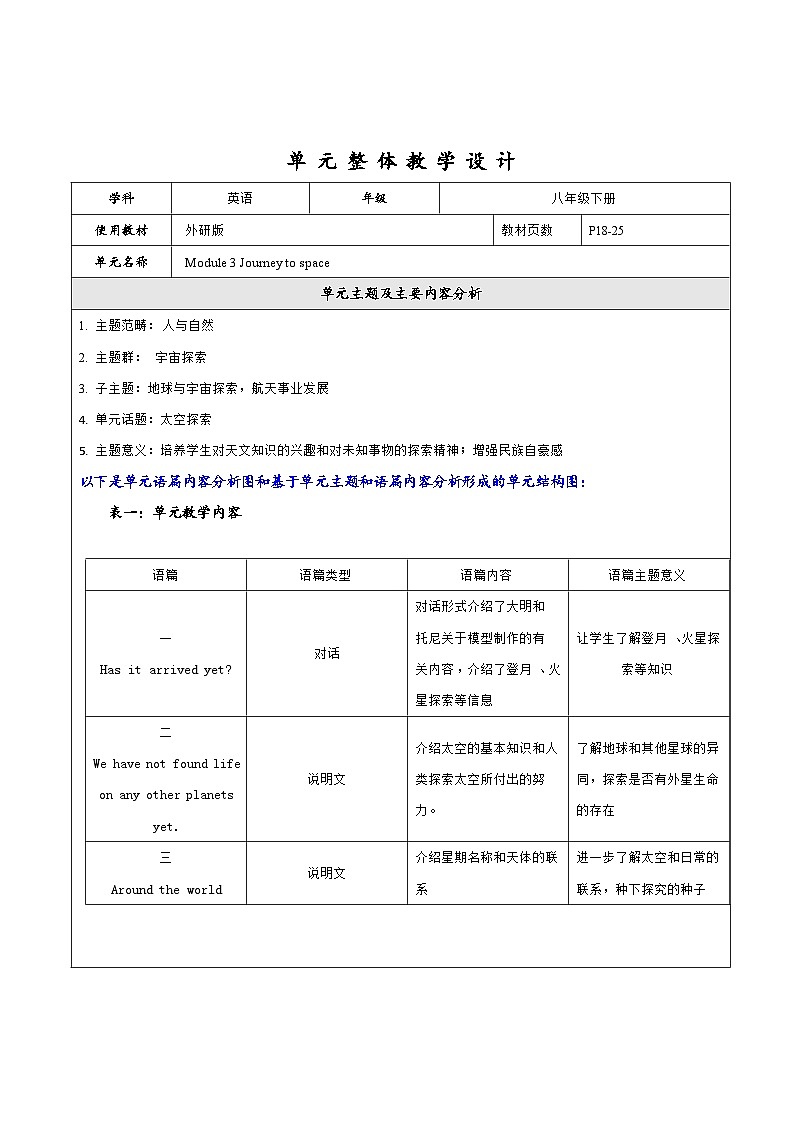 外研版英语八年级下册 Module 3 Journey to space 单元教案01