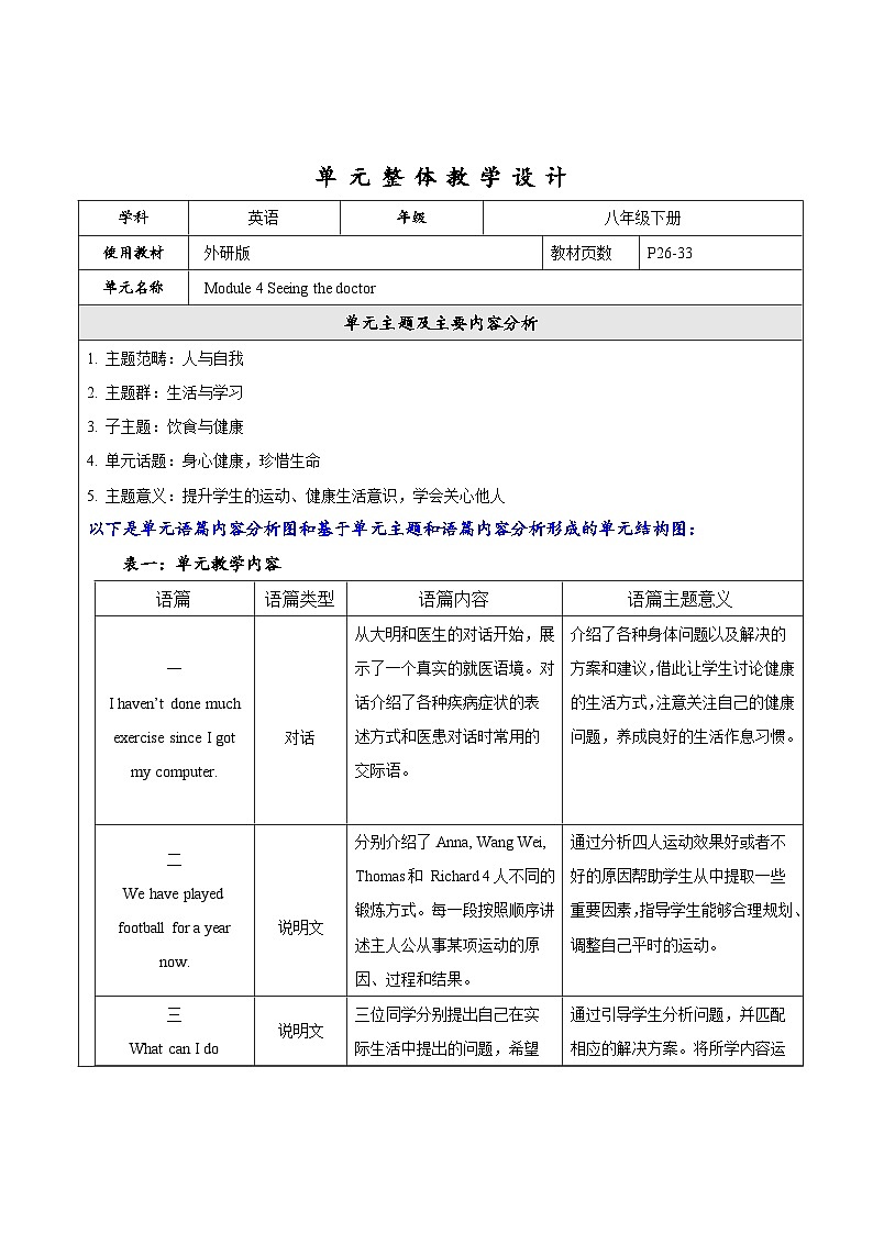 外研版英语八年级下册 Module 4 Seeing the doctor 单元教案第1页