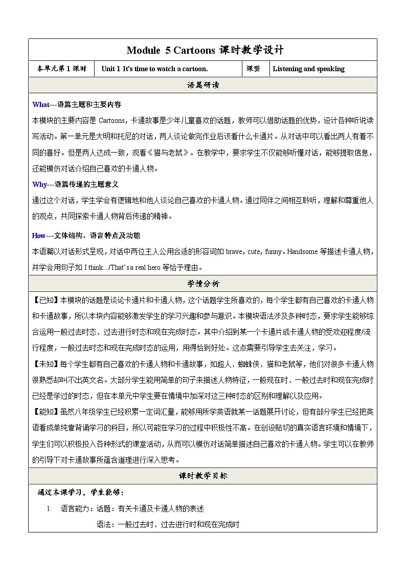 外研版英语八年级下册 Module 5 Unit 1《It's time to watch a cartoon》课件+教案+素材01