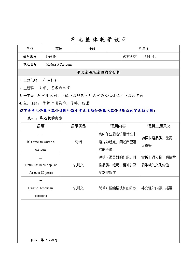 外研版英语八年级下册 Module 5 Cartoons 单元教案第1页