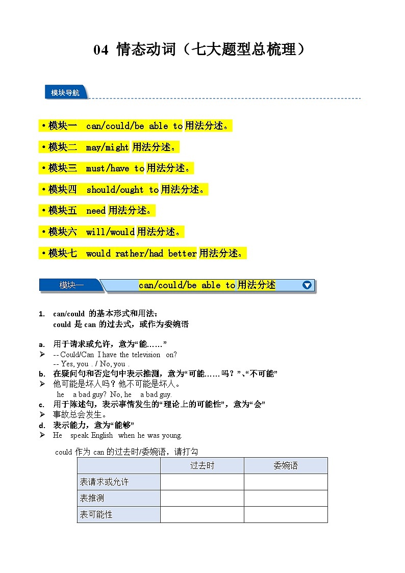 04 情态动词（七大题型讲解练习）2025中考英语一轮总复习（上海专用）（学生版无答案）01