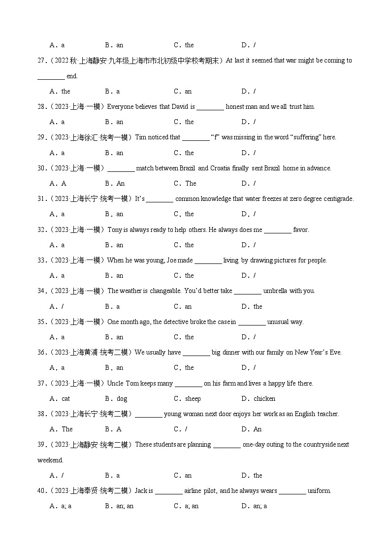 06 名词冠词提高巩固（模拟真题100道）2025中考英语一轮总复习（上海专用）（解析版）第3页