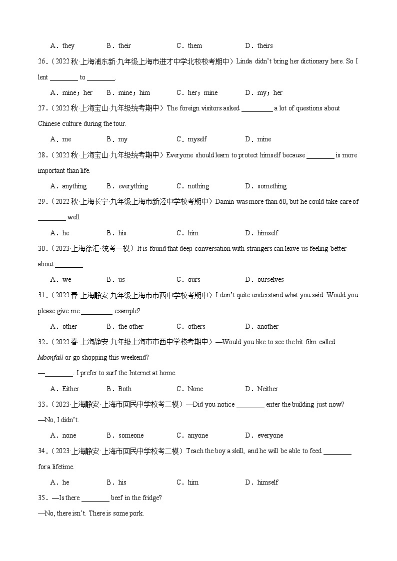 07 代词和限定词提高巩固（模拟真题100道）2025中考英语一轮总复习（上海专用）（解析版）第3页