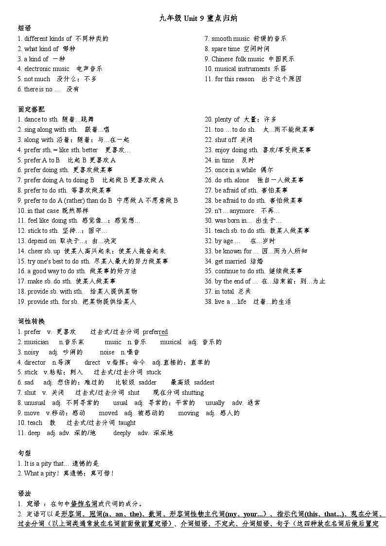 2024人教版九年级英语全一册Unit 9 全单元知识点归纳第1页