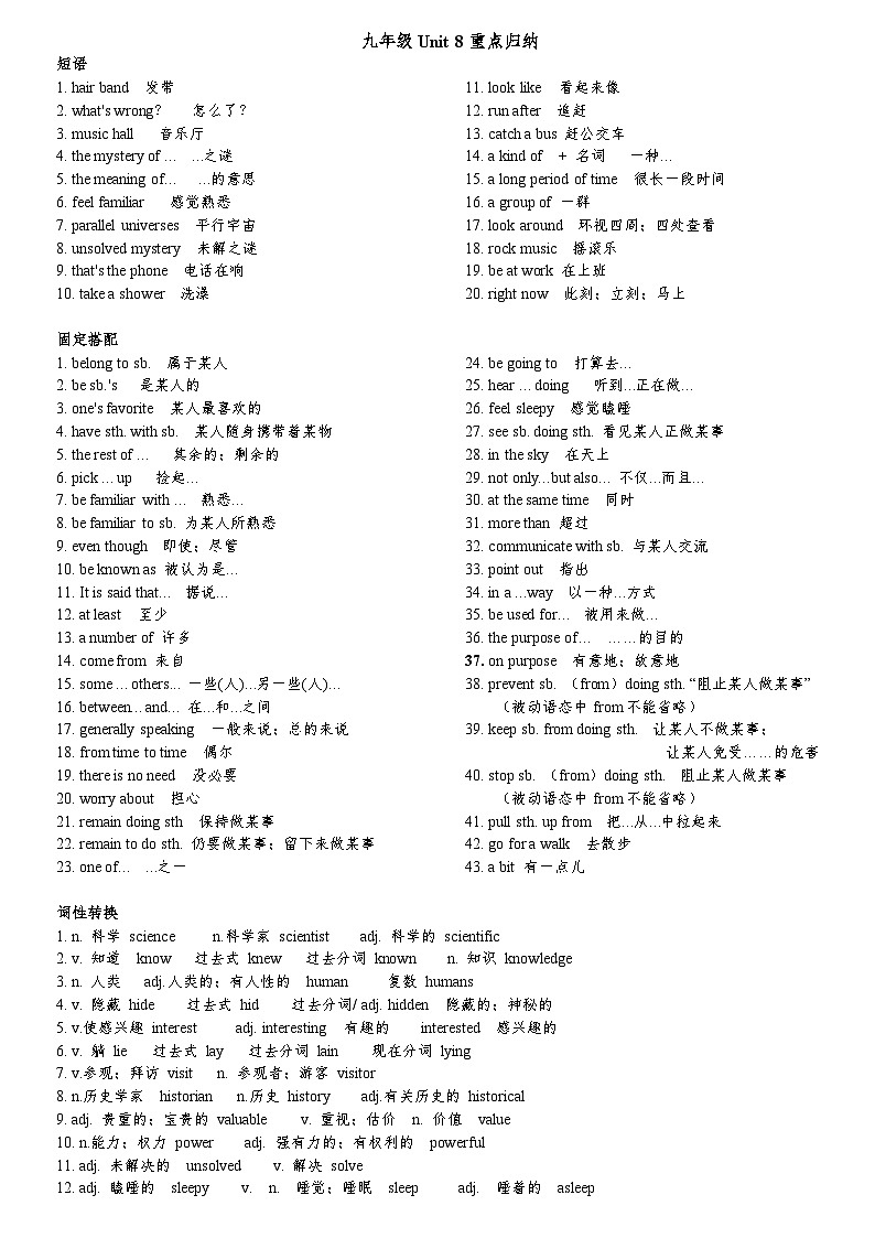 2024人教版九年级英语全一册Unit 8 全单元知识点归纳第1页