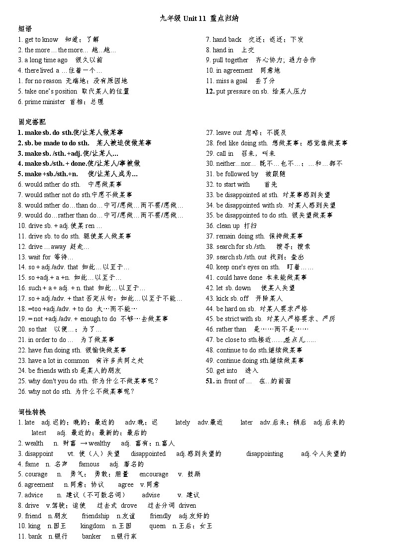 2024人教版九年级英语全一册Unit 11 全单元知识点归纳01