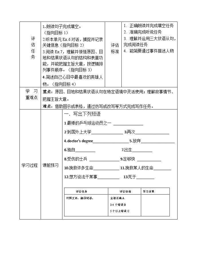 外研版九年级英语上册 Module 3 Heroes Unit2 学历案同步练习02