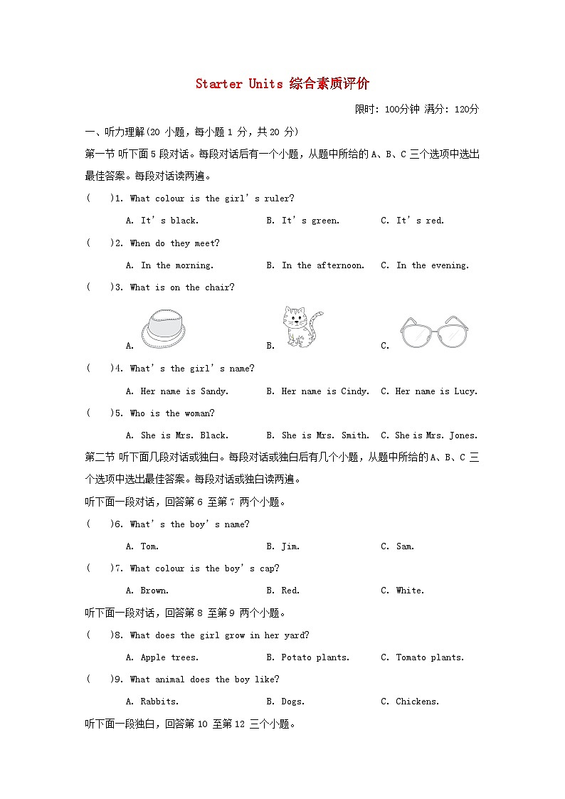 河南省2024七年级英语上册 Starter Units 综合素质评价试卷（附答案人教版）01