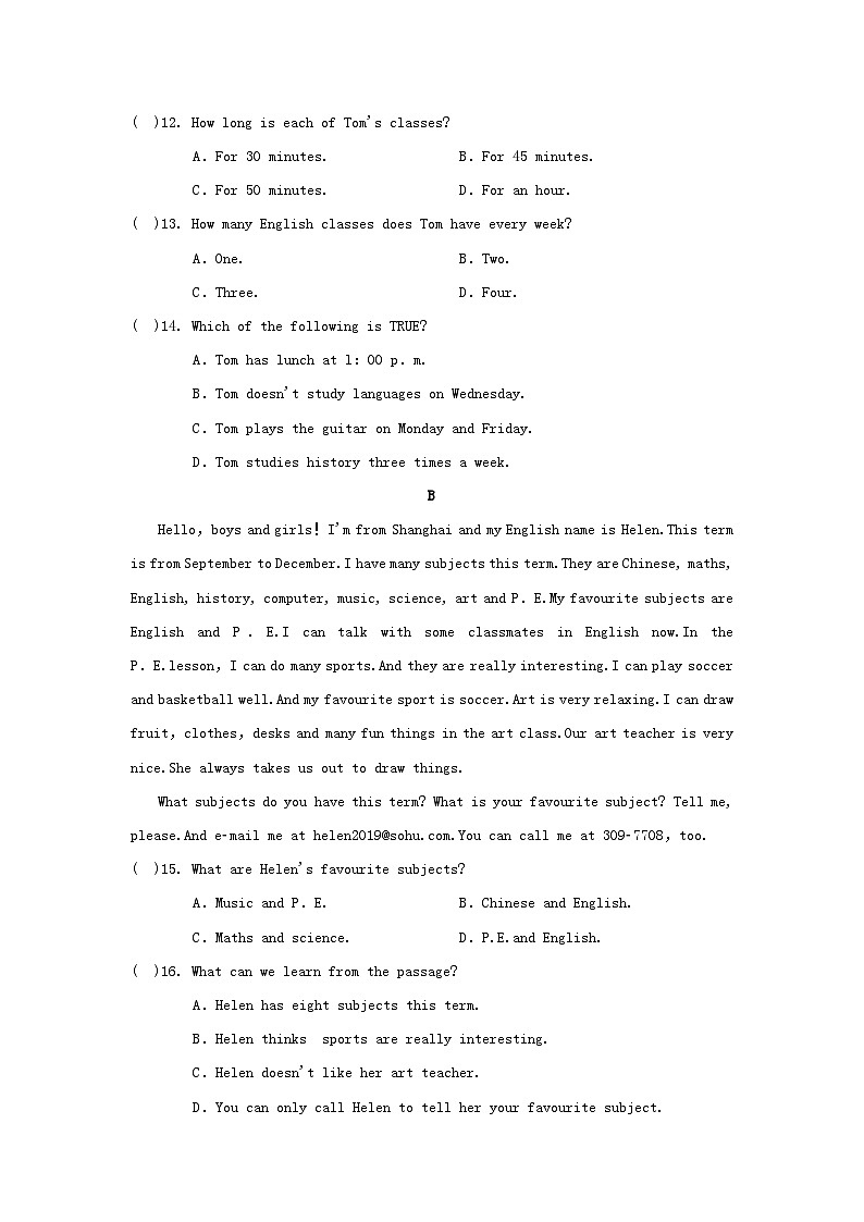 宁夏2024七年级英语上册 Unit 4 My Favourite Subject学情评估试卷（附答案人教版）第3页
