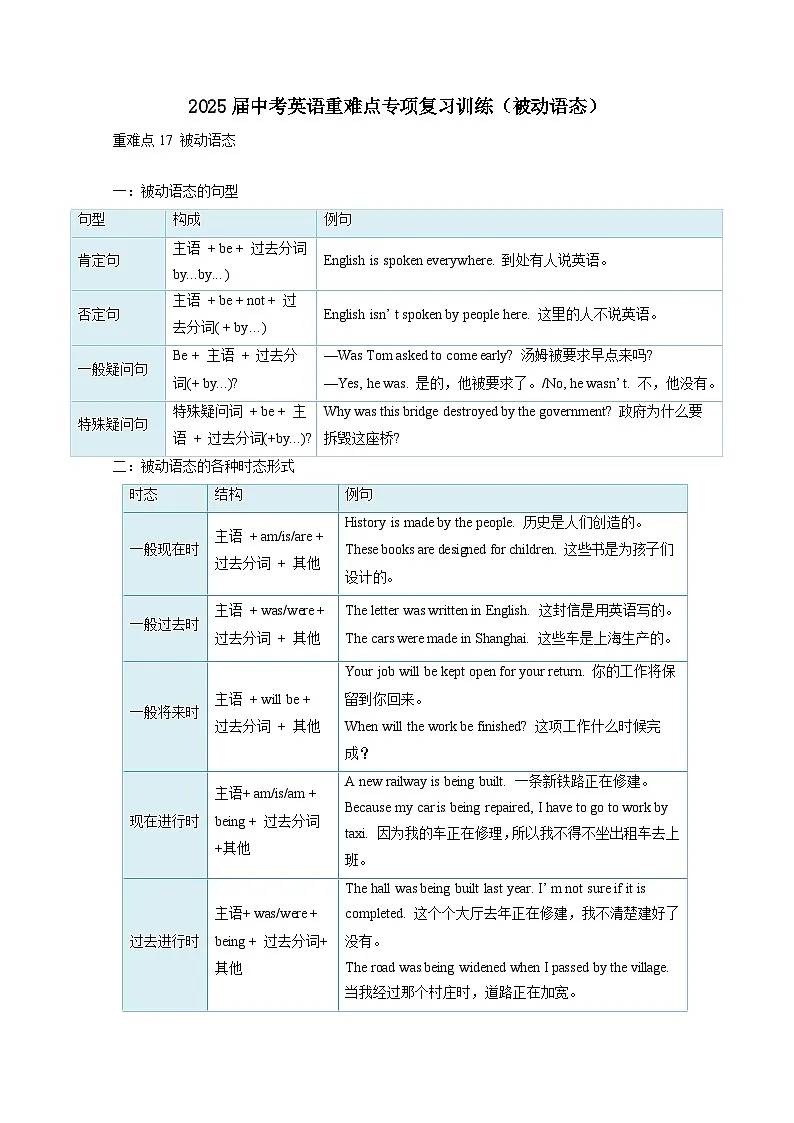 2025届中考英语重难点专项复习训练（被动语态）附答案第1页