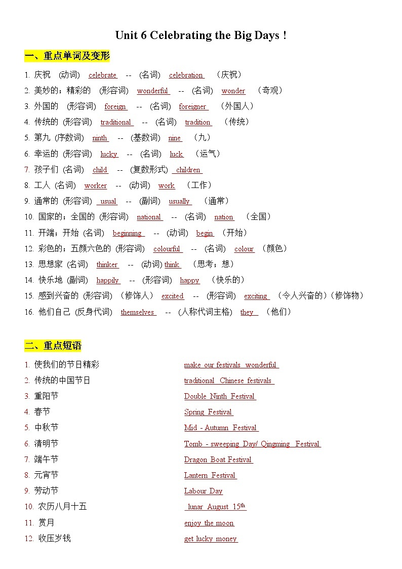 新仁爱版初中英语七上第六单元 - 复习知识点题纲第1页