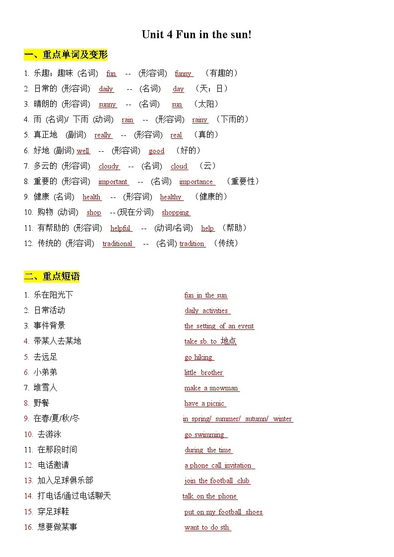 新仁爱版初中英语七上第四单元 - 复习知识点题纲第1页