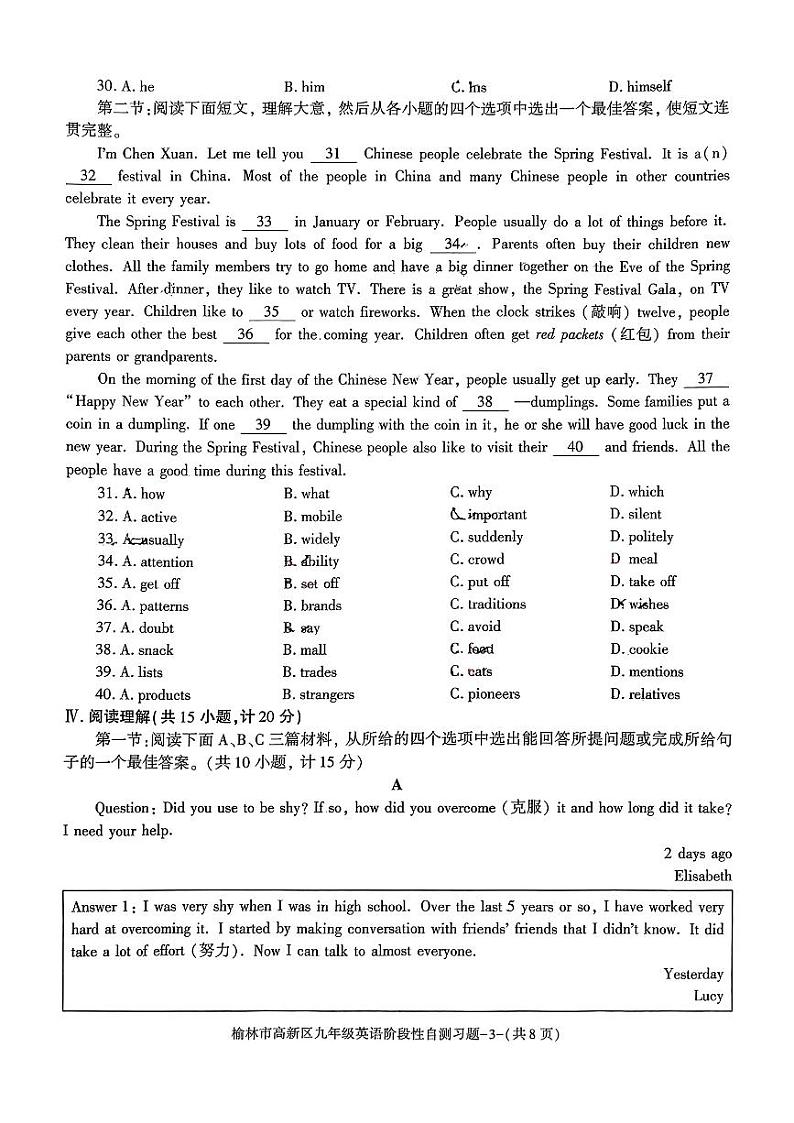 陕西省榆林市高新区2024-2025学年上学期九年级期中考试英语题第3页