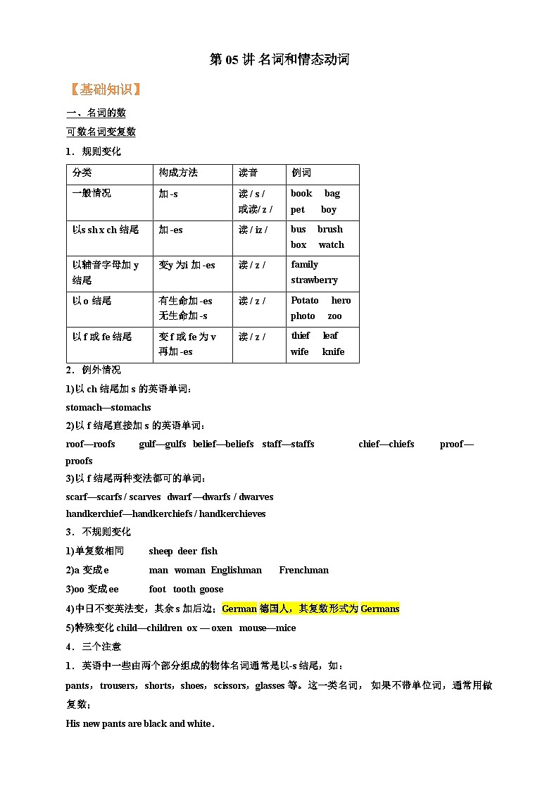 人教版初中英语八年级（上）寒假第05讲 名词和情态动词 学案第1页
