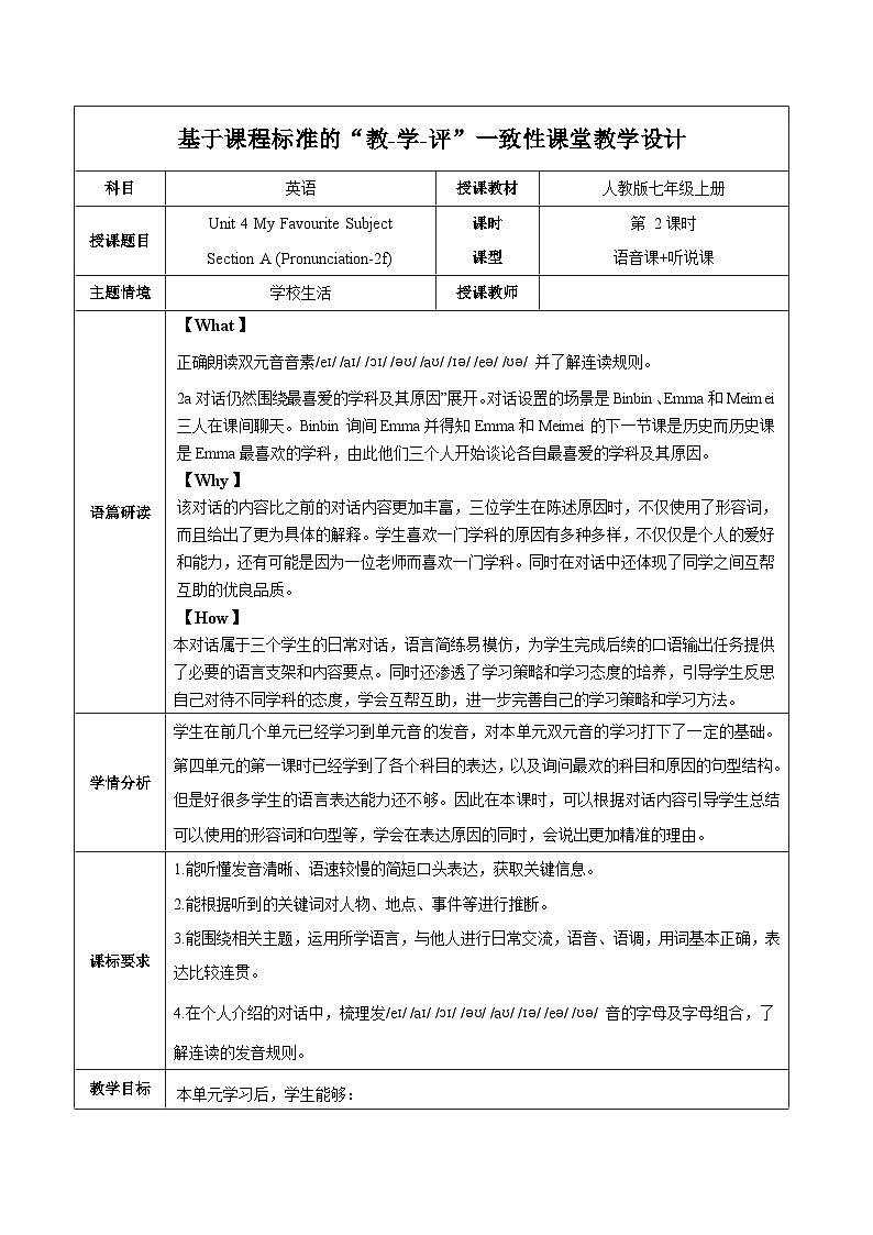 Unit 4（第2课时 Section A pronunciation-2f）（教学设计）第1页