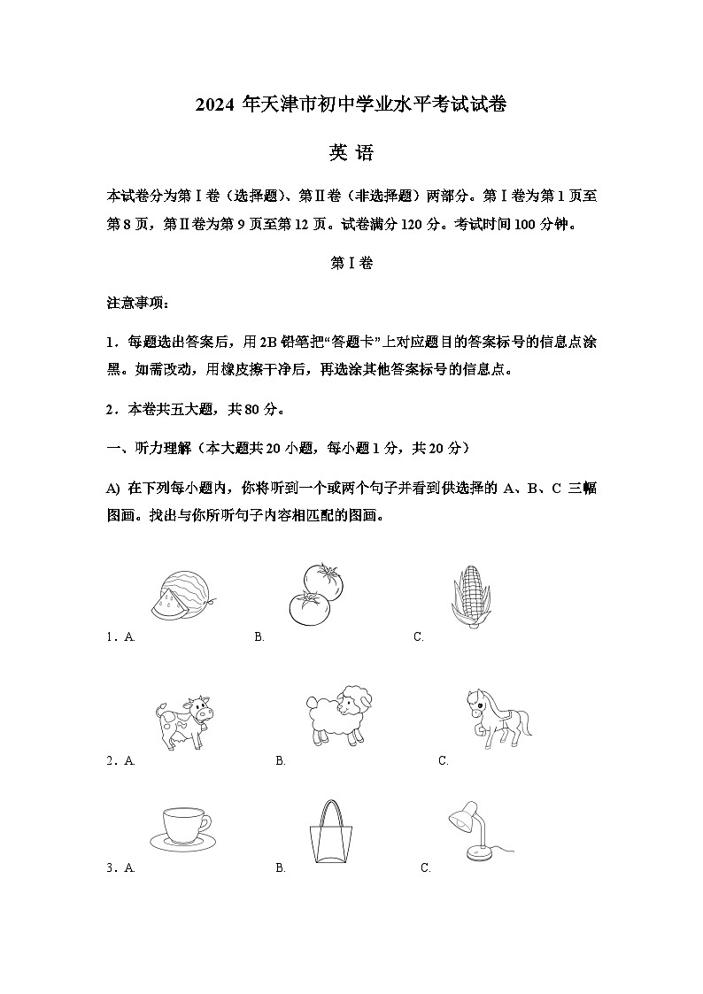 2024年天津市中考英语试题含解析第1页