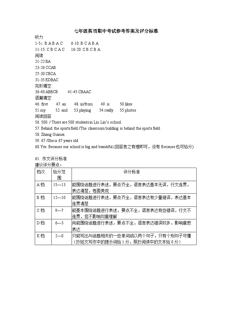 七年级期中考试英语试卷答案第1页