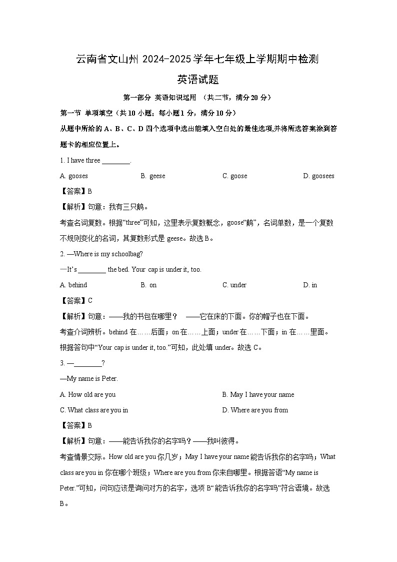 云南省文山州2024-2025学年七年级上学期期中检测英语试卷(解析版)第1页
