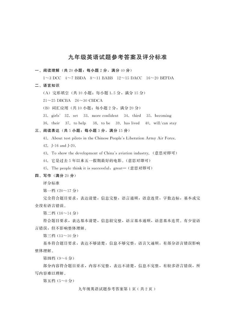 山东省潍坊市诸城市2024-2025学年九年级上学期11月期中考试英语试题答案第1页