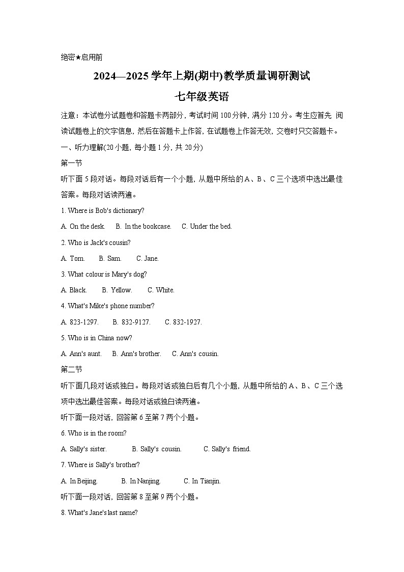 河南省鹤壁市2024-2025学年七年级上学期11月期中考试英语试题01