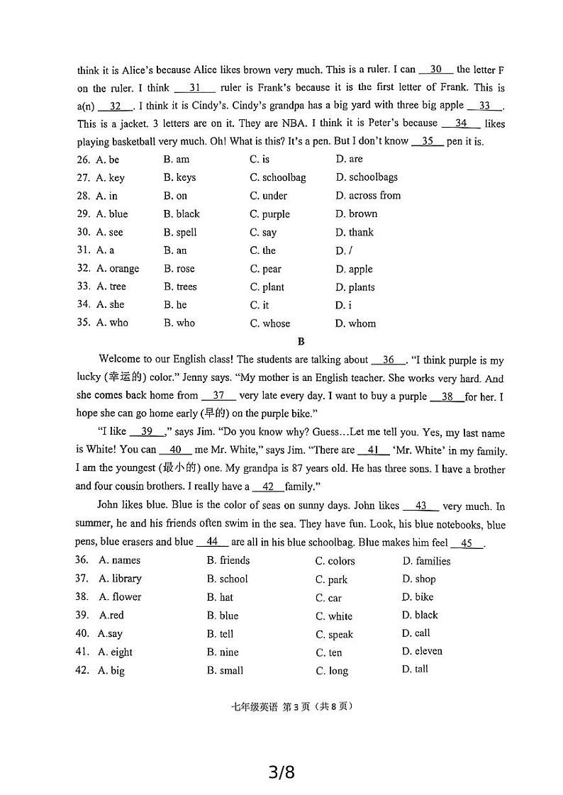  陕西省宝鸡市陈仓区2024-2025学年七年级上学期期中质量检测英语试题（扫描版）.zip第3页