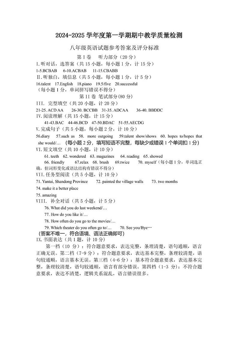 陕西省宝鸡市陇县2024-2025学年八年级上学期期中教学质量检测英语试卷01