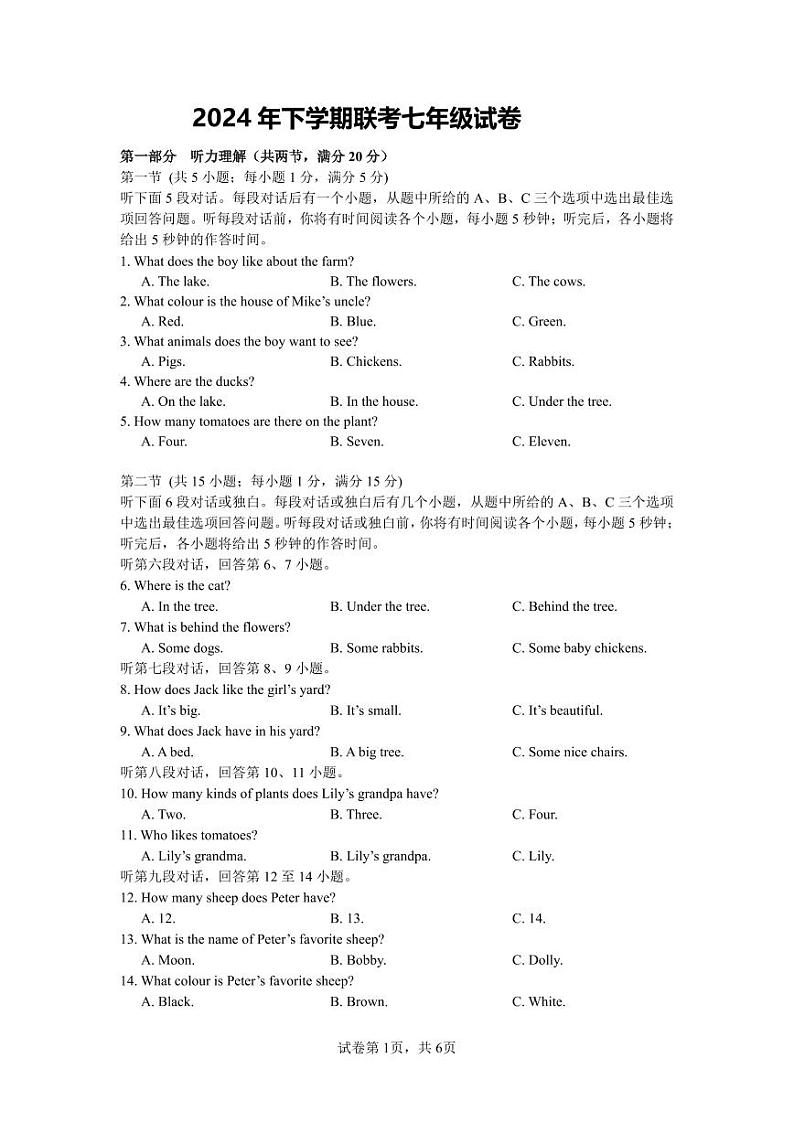 湖南省岳阳市岳阳县经济技术开发区长岭中学2024-2025学年七年级上学期11月期中考试英语试题01