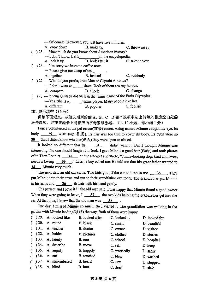 深圳市新安集团2024-2024学年八年级上学期英语期中测试卷第3页
