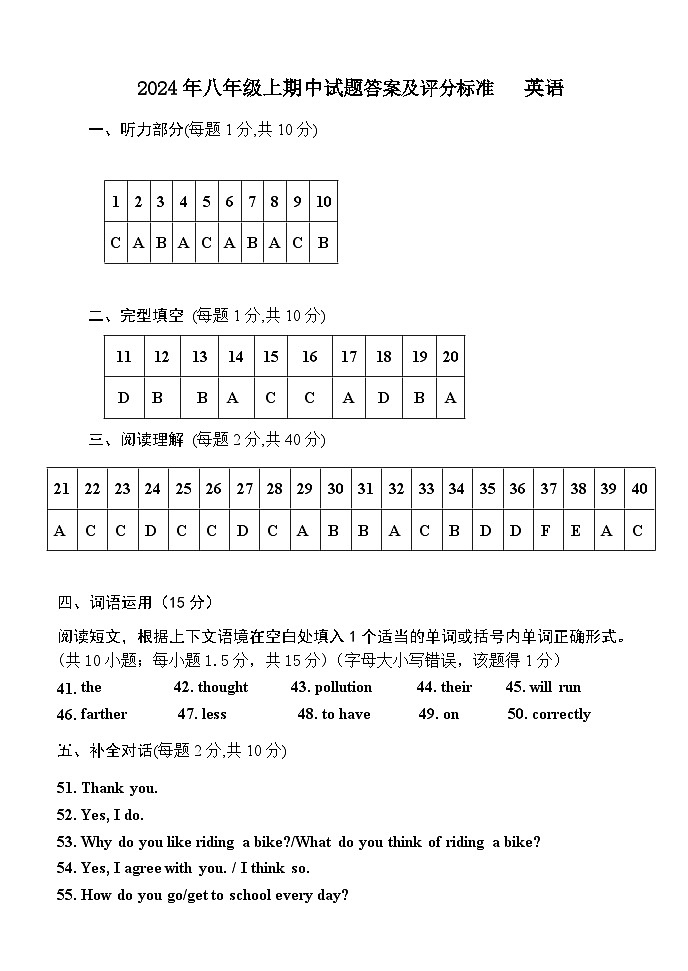 2024年八年级上英语期中答案第1页