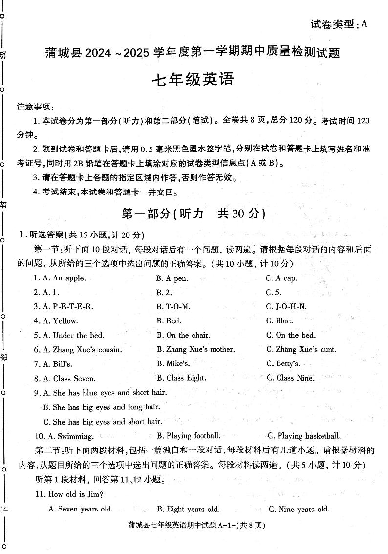 陕西省渭南市蒲城县2024-2025学年七年级上英语期中质量检测试题+听力mp3第1页