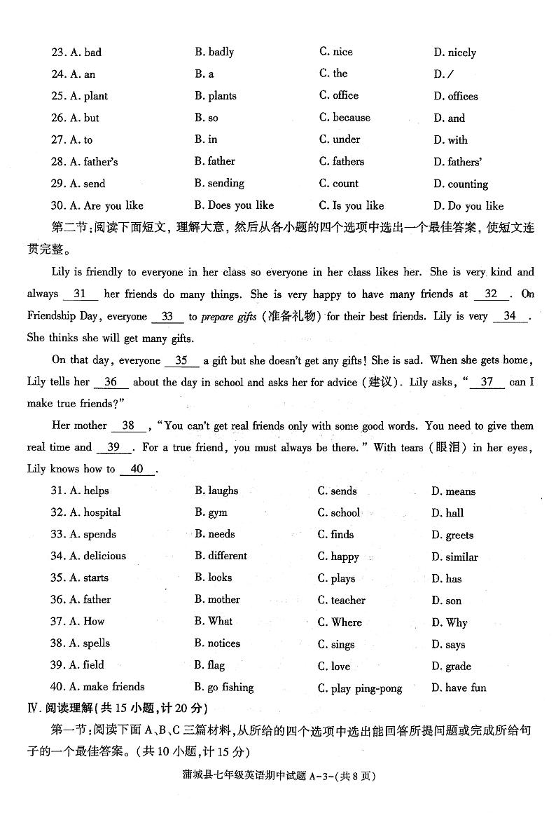 陕西省渭南市蒲城县2024-2025学年七年级上英语期中质量检测试题+听力mp3第3页