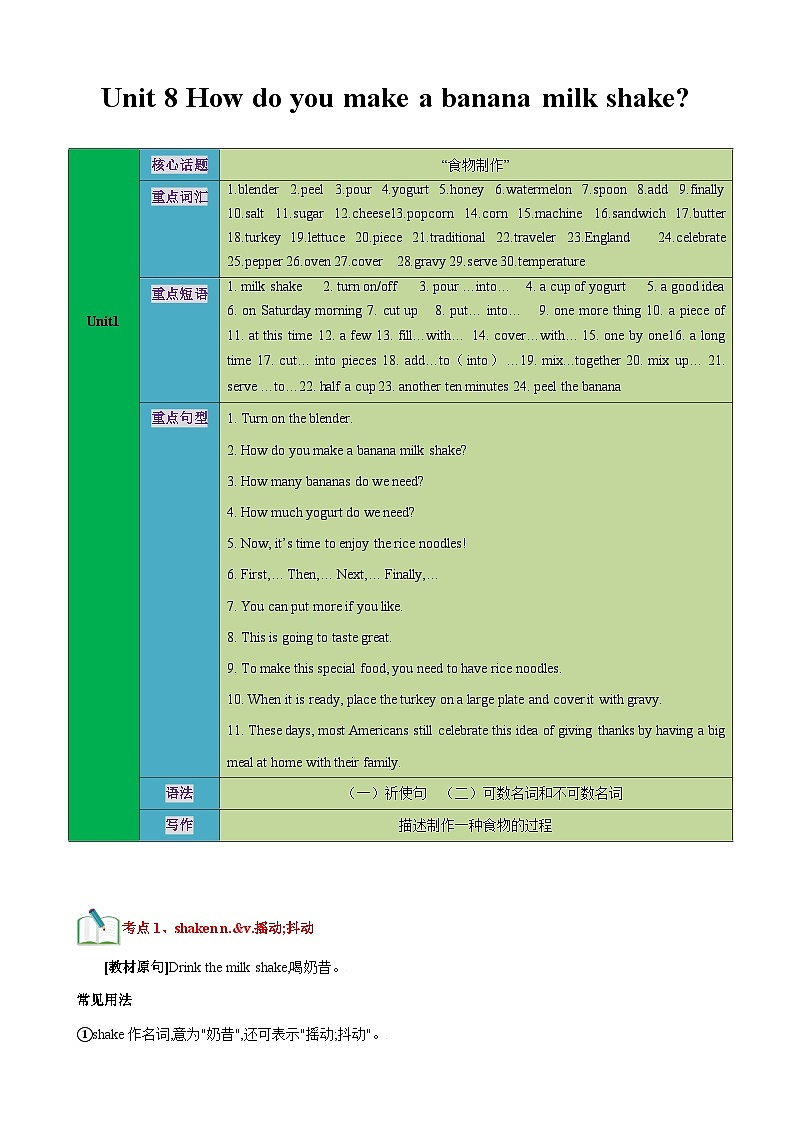 人教版八年级英语上册单元速记·巧练Unit8【速记清单】(原卷版+解析)第1页