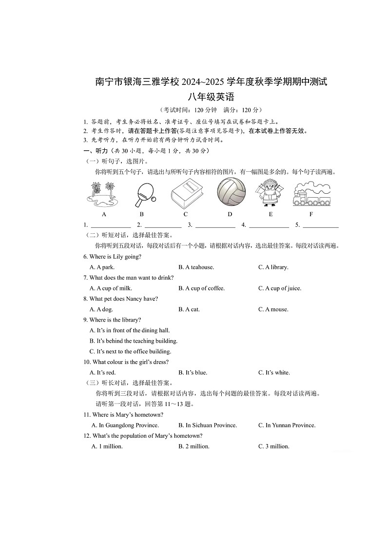 广西南宁市银海三雅学校2024-2025学年八年级上学期期中测试英语试卷第1页