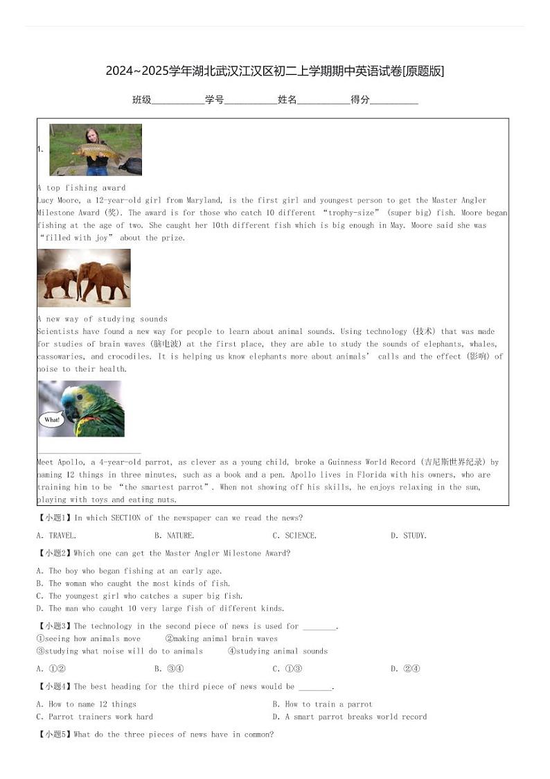 2024～2025学年湖北武汉江汉区初二上学期期中英语试卷[原题+解析版]第1页