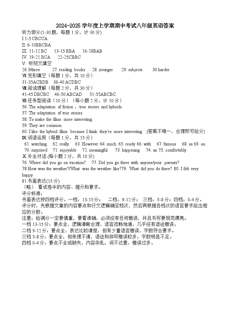 河北省唐山市遵化市2024-2025学年八年级上学期期中考试英语试卷答案第1页