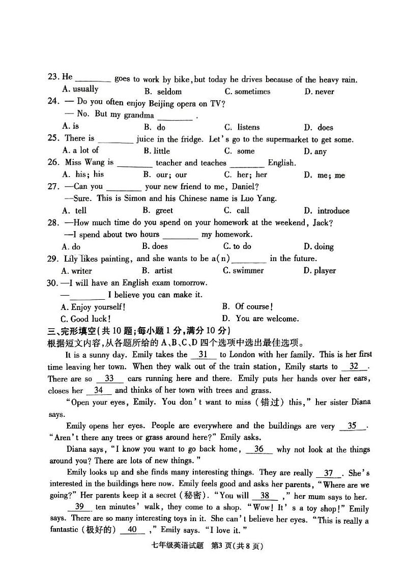 江苏省徐州市沛县2024-2025学年七年级上学期11月期中考试英语试题03