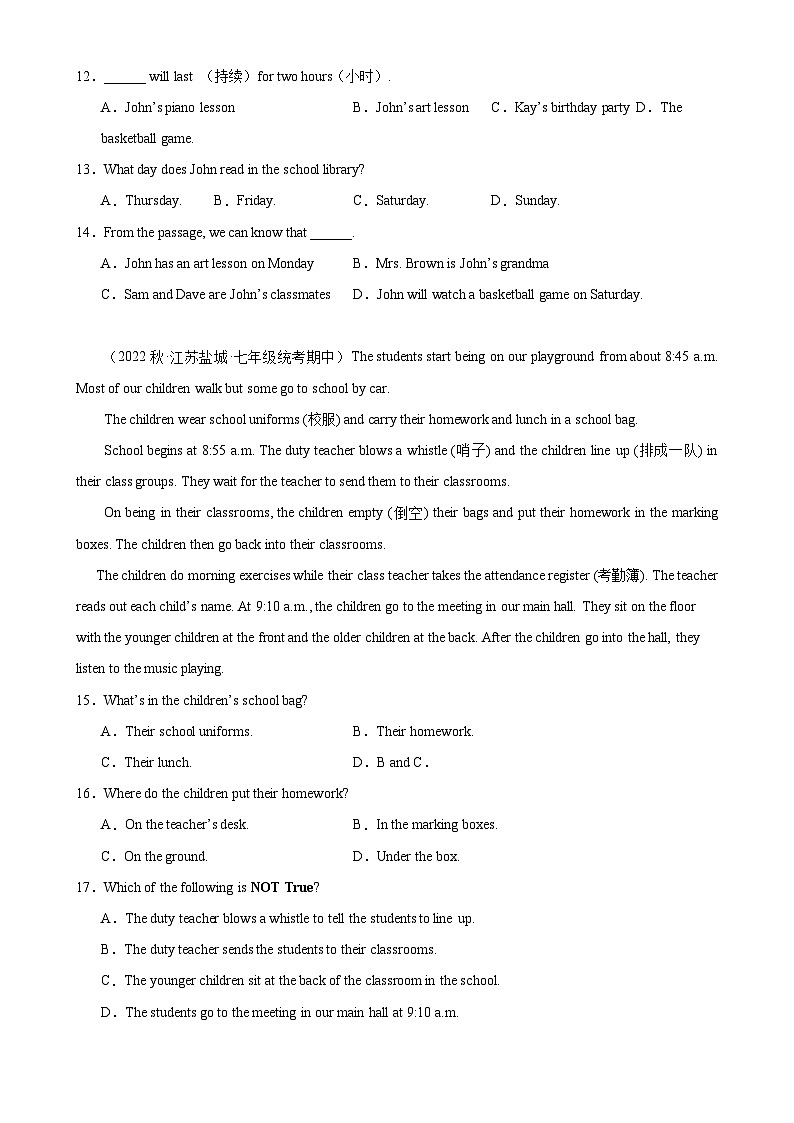 Module 5 模块话题阅读理解练习试卷-七年级英语上册单元重难点易错题精练（外研版）第3页