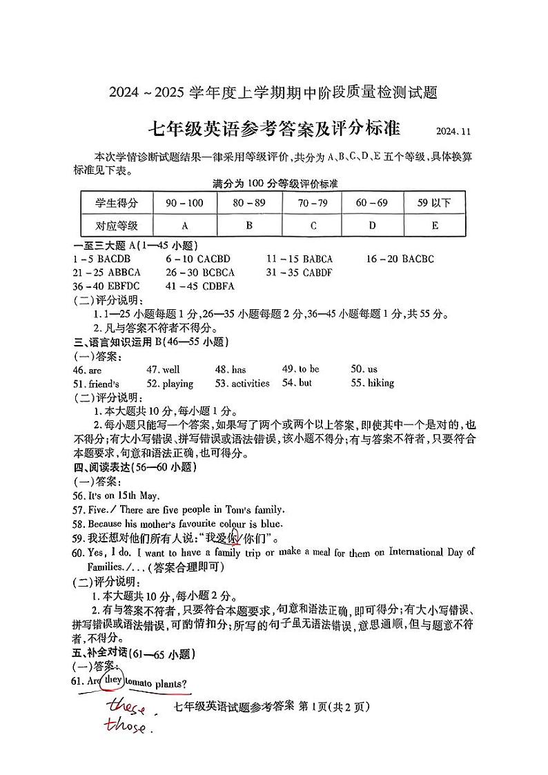 24-25临沂市兰山区期中七年级英语参考答案及评分标准第1页