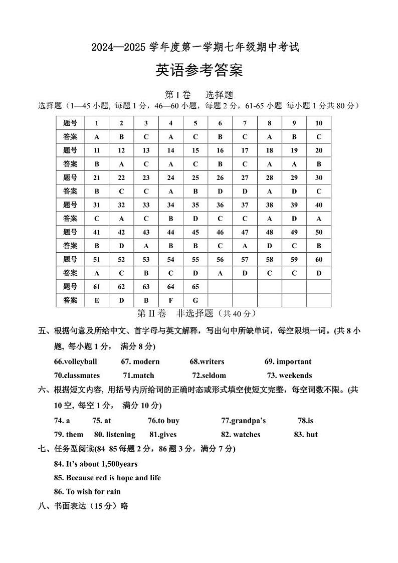 七年级英语期中参考答案第1页