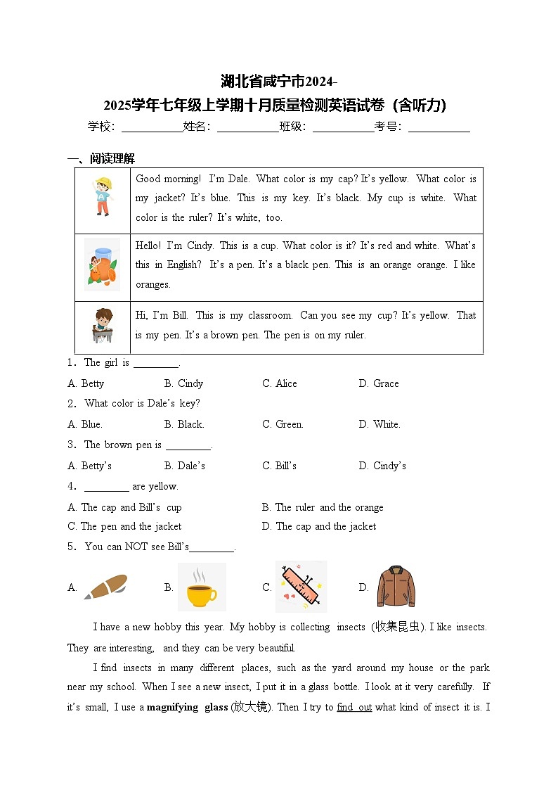 湖北省咸宁市2024-2025学年七年级上学期十月质量检测英语试卷(含答案)01