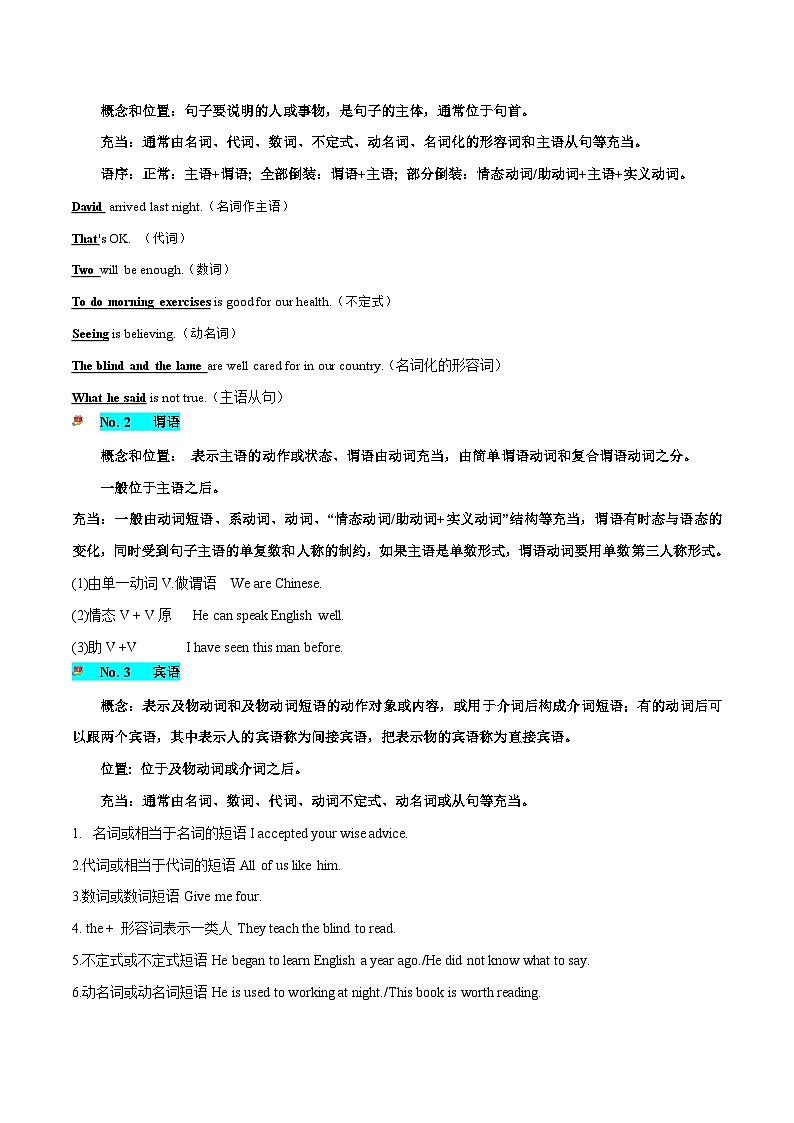 2025年中考英语一轮复习语法讲义第19讲 句子成分和基本句型（原卷版）第3页