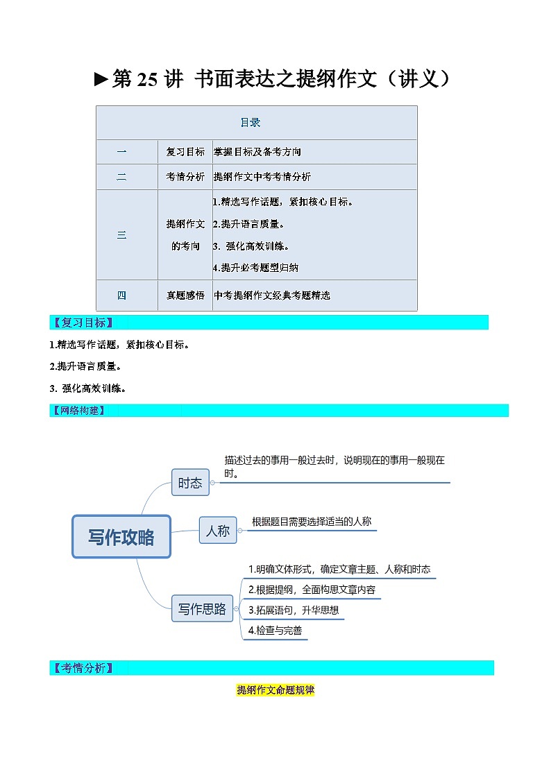 2025年中考英语一轮复习讲义第25讲 书面表达之提纲作文（原卷版）第1页