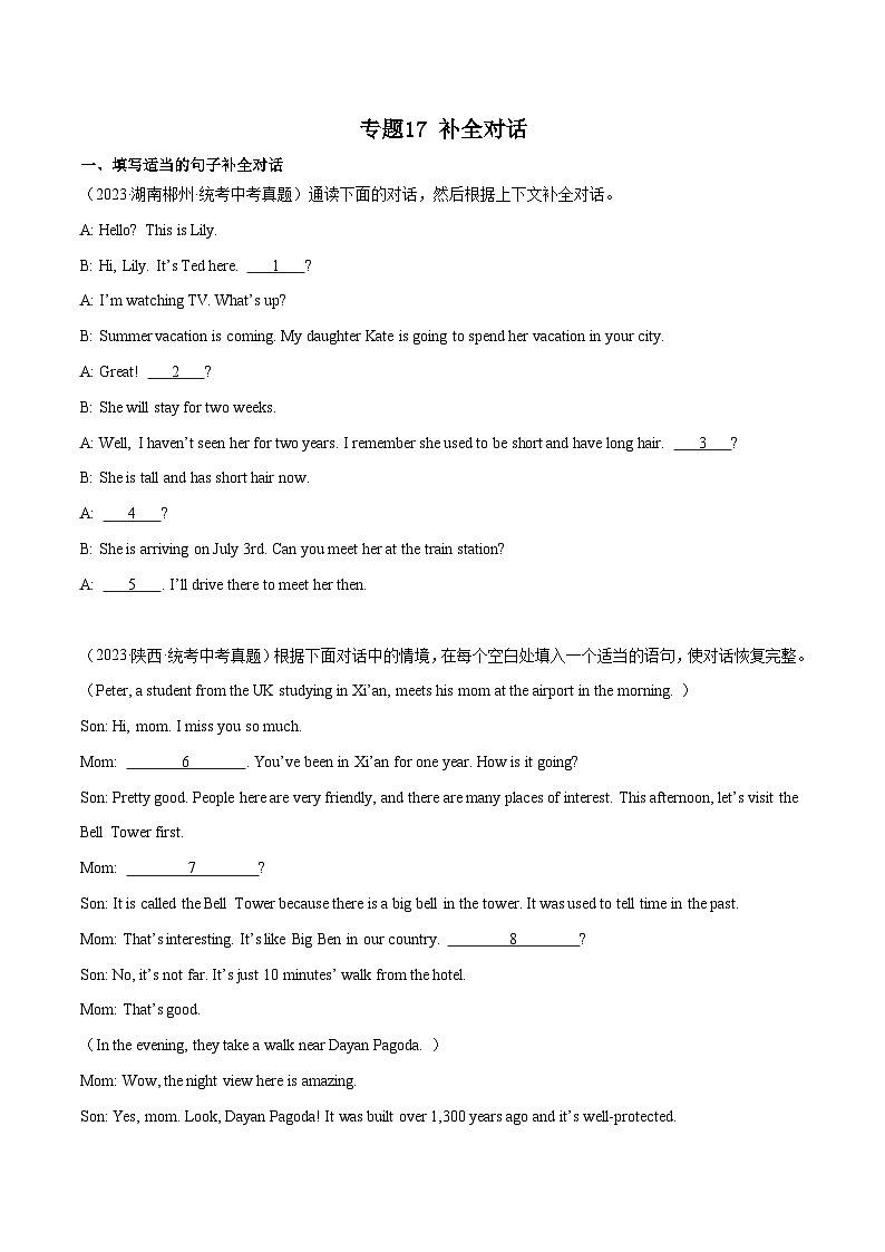 2025年中考英语二轮复习题型突破练习专题17 补全对话 （解析版）第1页