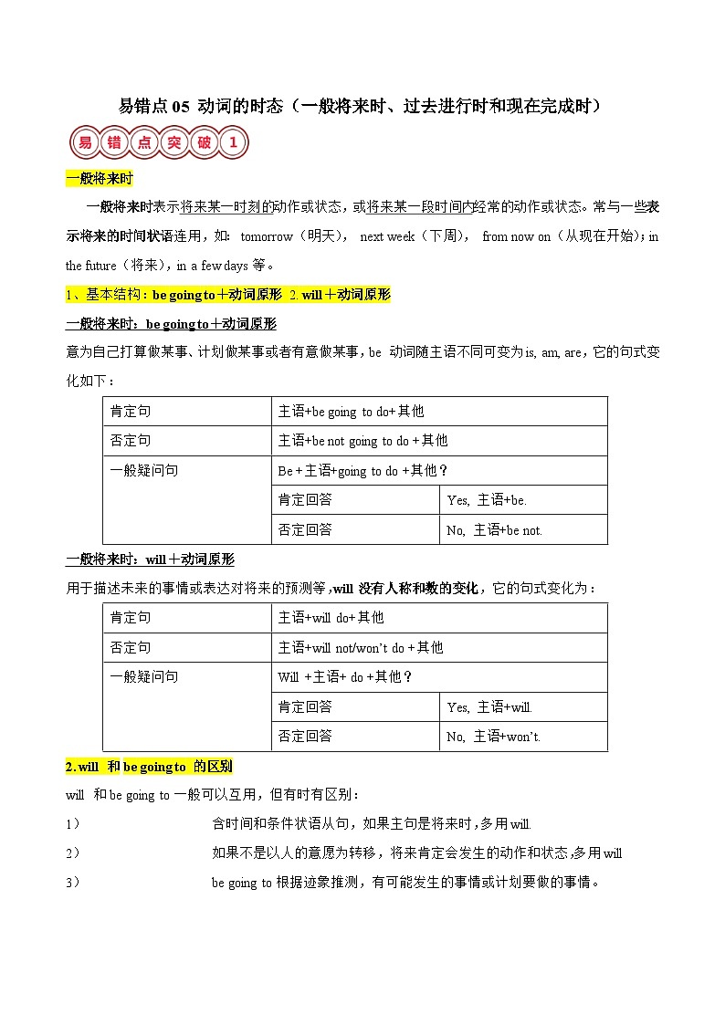 2025年中考英语二轮复习易错点05 动词的时态（一般将来时、过去进行时和现在完成时）（解析版）第1页