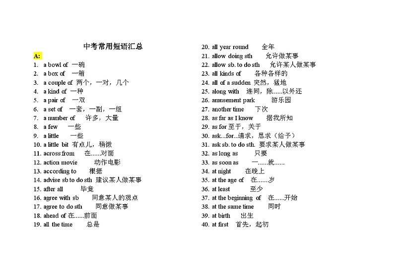 2025年中考英语一轮复习知识点梳理2.高频短语汇总-中考复习常用短语第1页