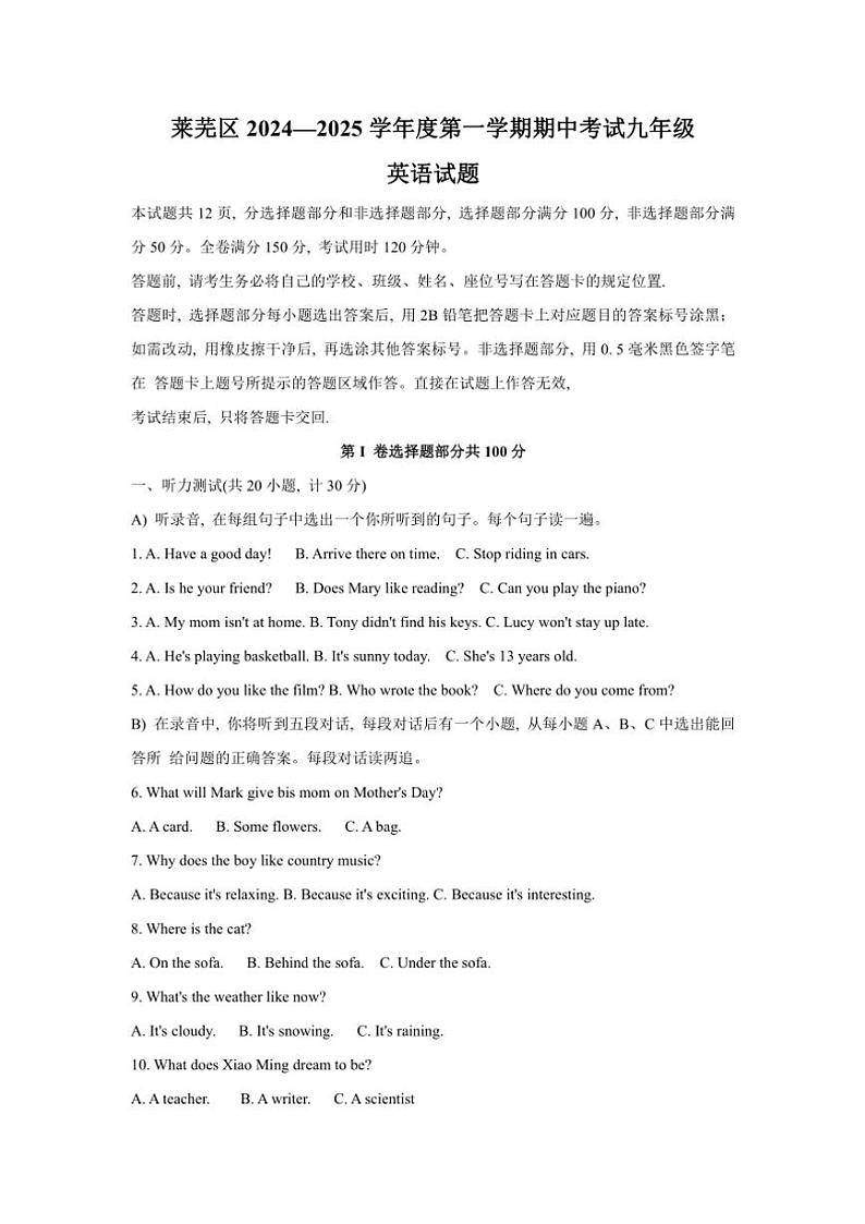 山东省济南市莱芜区2024～2025学年上学期期中考试九年级英语试题（含答案，含听力原文，无音频）01