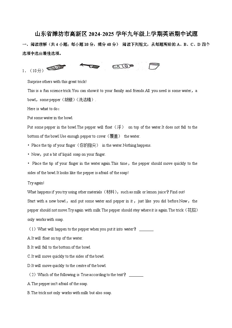 山东省潍坊市高新区2024-2025学年九年级上学期英语期中试题（含答案）第1页