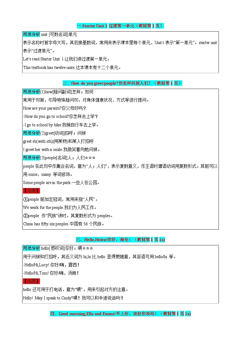 Starter Unit1-3—七年级英语上册同步 知识点总结+单元测试卷（人教版2024）02